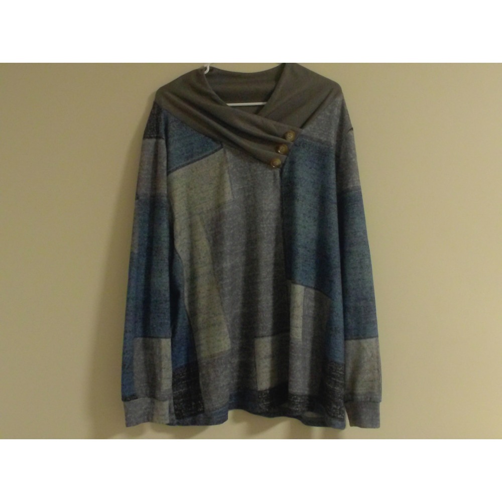 Bloomchic Blue Grey Patchwork Print Cowl Neck Button Detail Top Plus Size 18-20